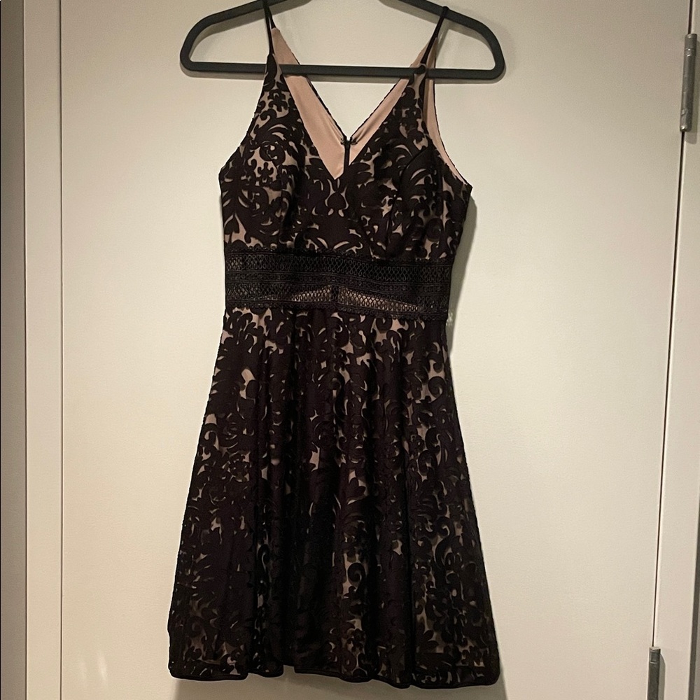 Xscape Black and Nude Lace Mini Dress
